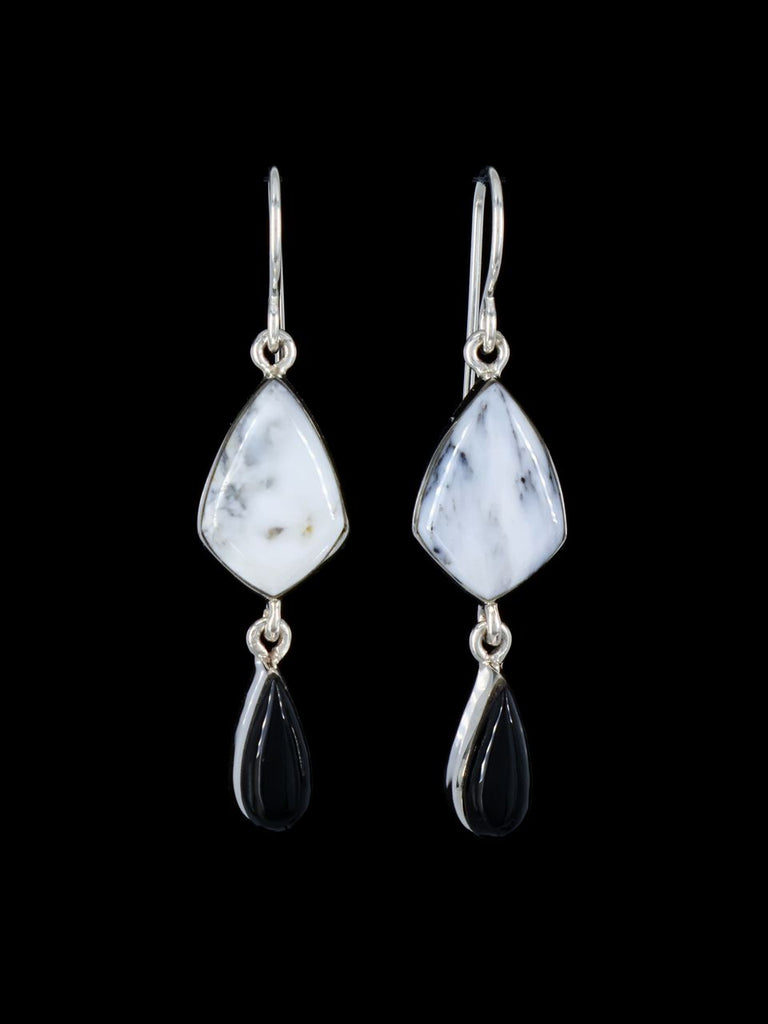 Navajo White Feather and Onyx Dangle Earrings - PuebloDirect.com