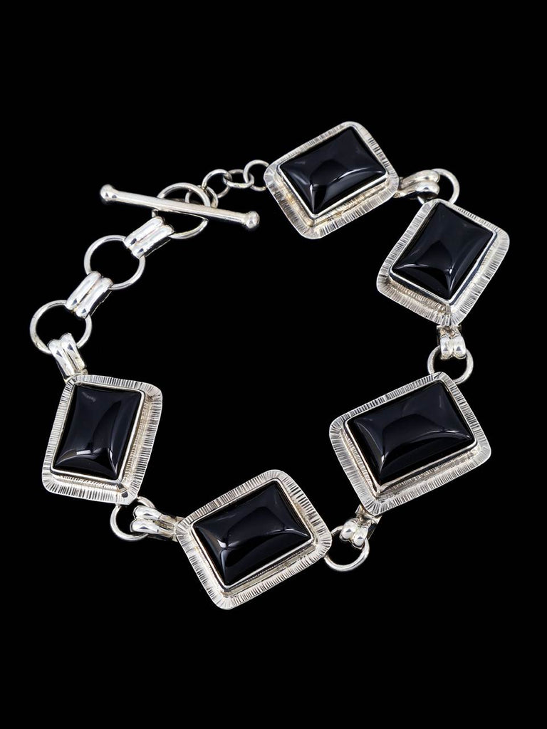 Native American Black Onyx Sterling Silver Link Bracelet - PuebloDirect.com