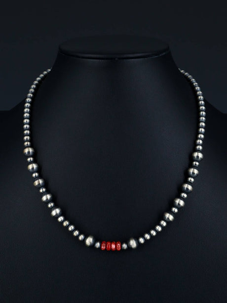 Native American Spiny Oyster and Silver Bead Choker Necklace - PuebloDirect.com