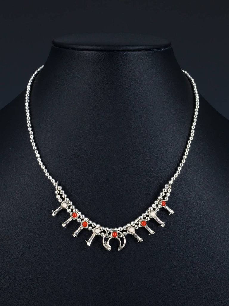 Native American Jewelry Coral and Opalite Squash Blossom Choker Necklace - PuebloDirect.com