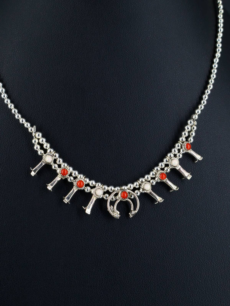 Native American Jewelry Coral and Opalite Squash Blossom Choker Necklace - PuebloDirect.com