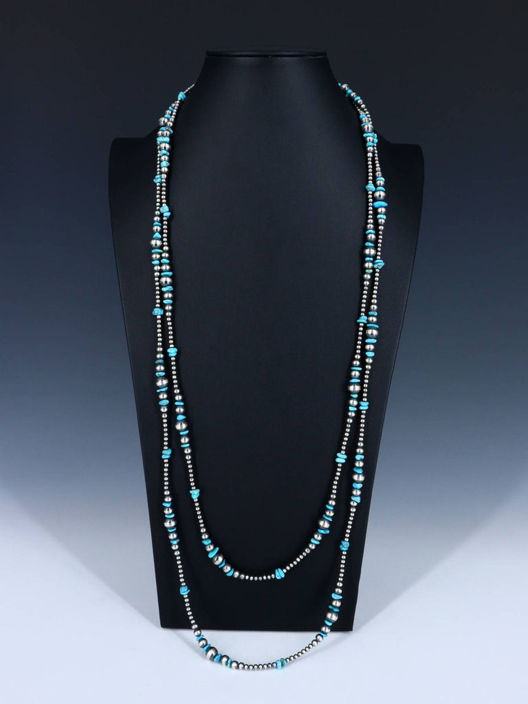 72" Native American Turquoise and Sterling Silver Beaded Necklace - PuebloDirect.com