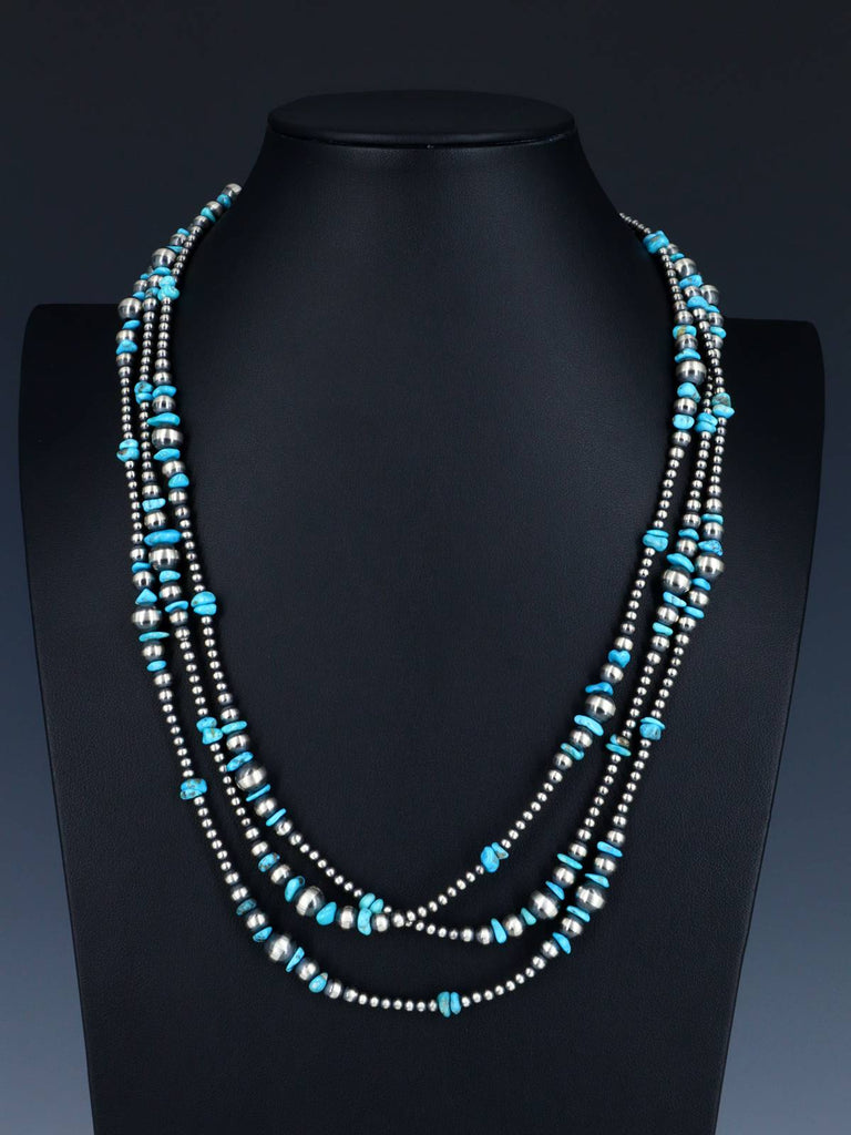 72" Native American Turquoise and Sterling Silver Beaded Necklace - PuebloDirect.com