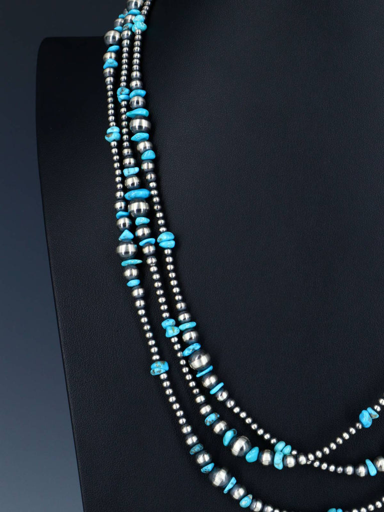 72" Native American Turquoise and Sterling Silver Beaded Necklace - PuebloDirect.com