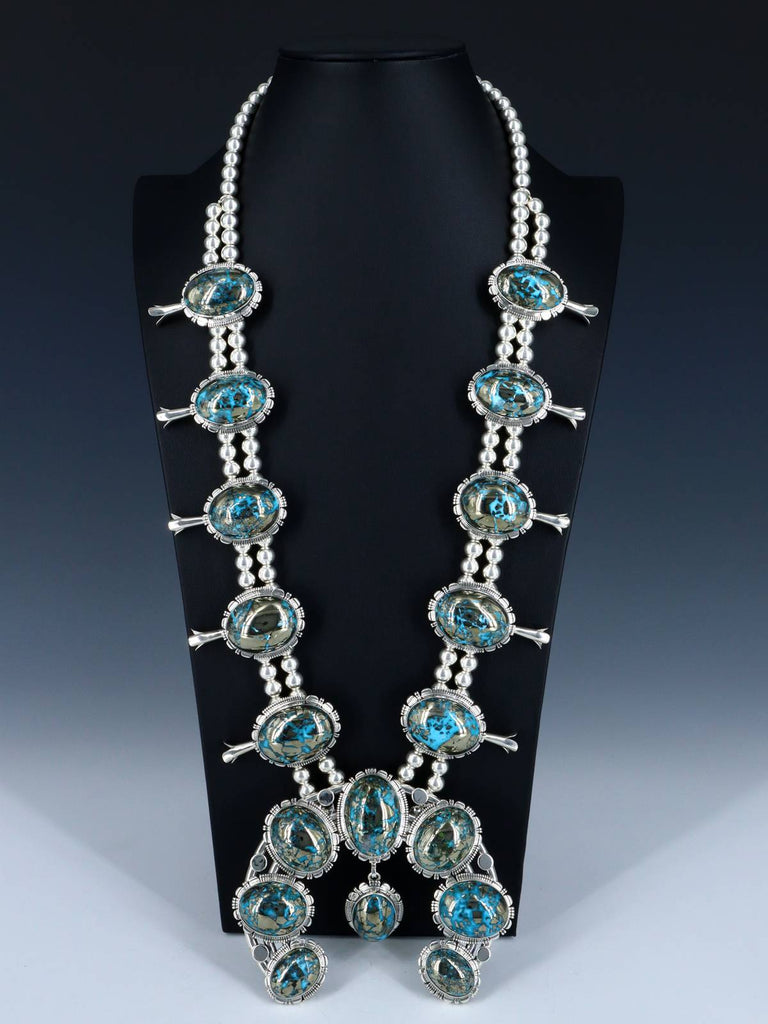 Native American Turquoise Sterling Silver Squash Blossom Necklace Set - PuebloDirect.com