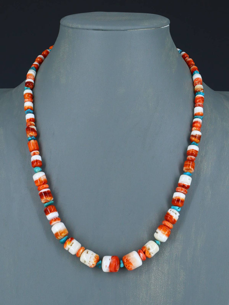 20" Navajo Single Strand Spiny Oyster and Turquoise Necklace - PuebloDirect.com