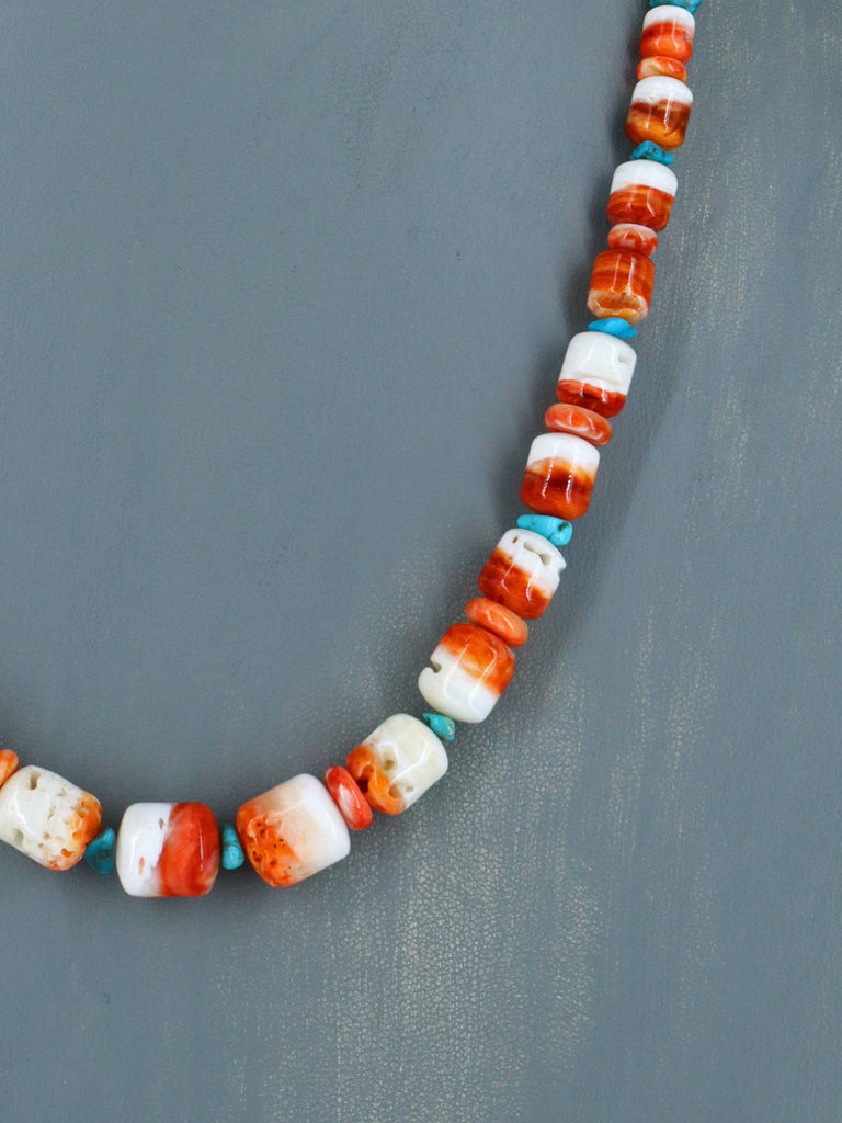 20" Navajo Single Strand Spiny Oyster and Turquoise Necklace - PuebloDirect.com