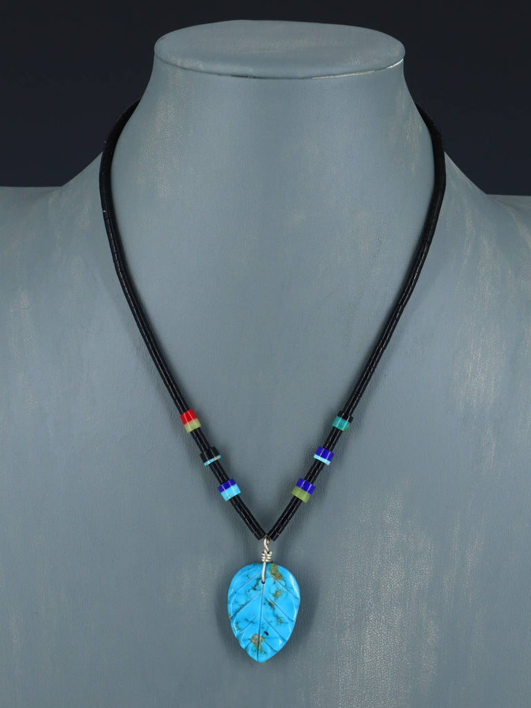 Native American Turquoise Carved Leaf Mosaic Single Strand Necklace - PuebloDirect.com