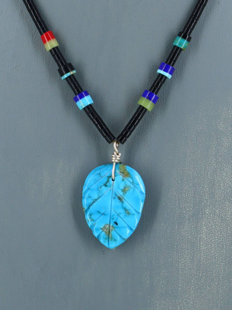 Native American Turquoise Carved Leaf Mosaic Single Strand Necklace - PuebloDirect.com