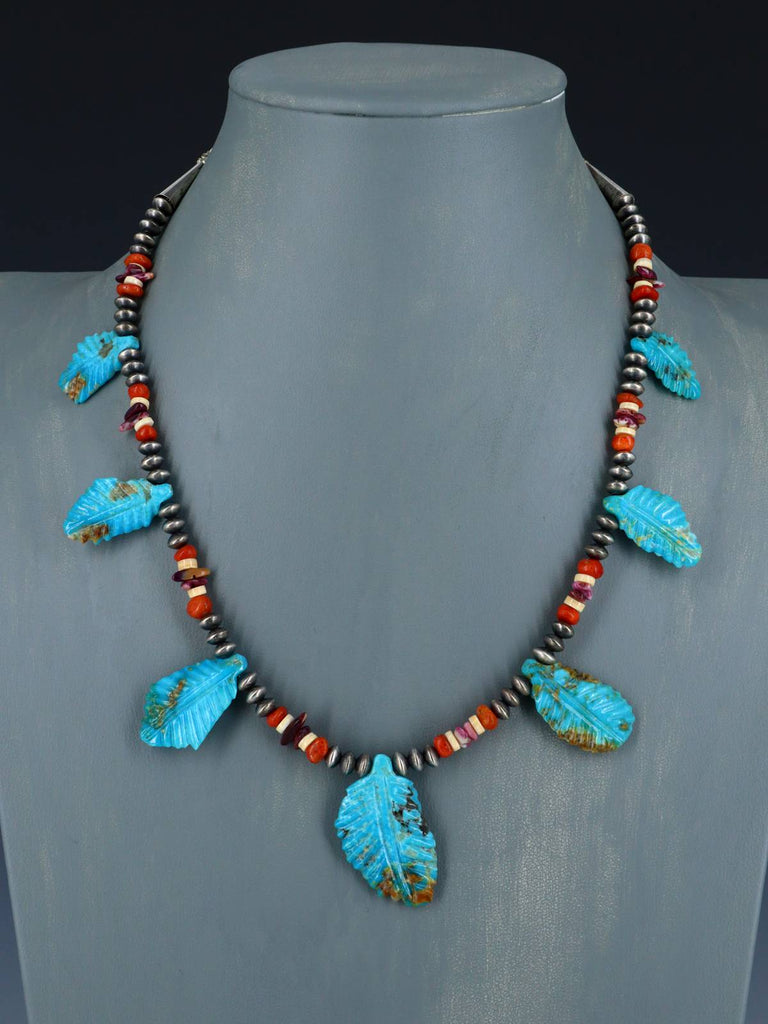 Native American Turquoise Carved Leaf Mosaic Single Strand Necklace - PuebloDirect.com