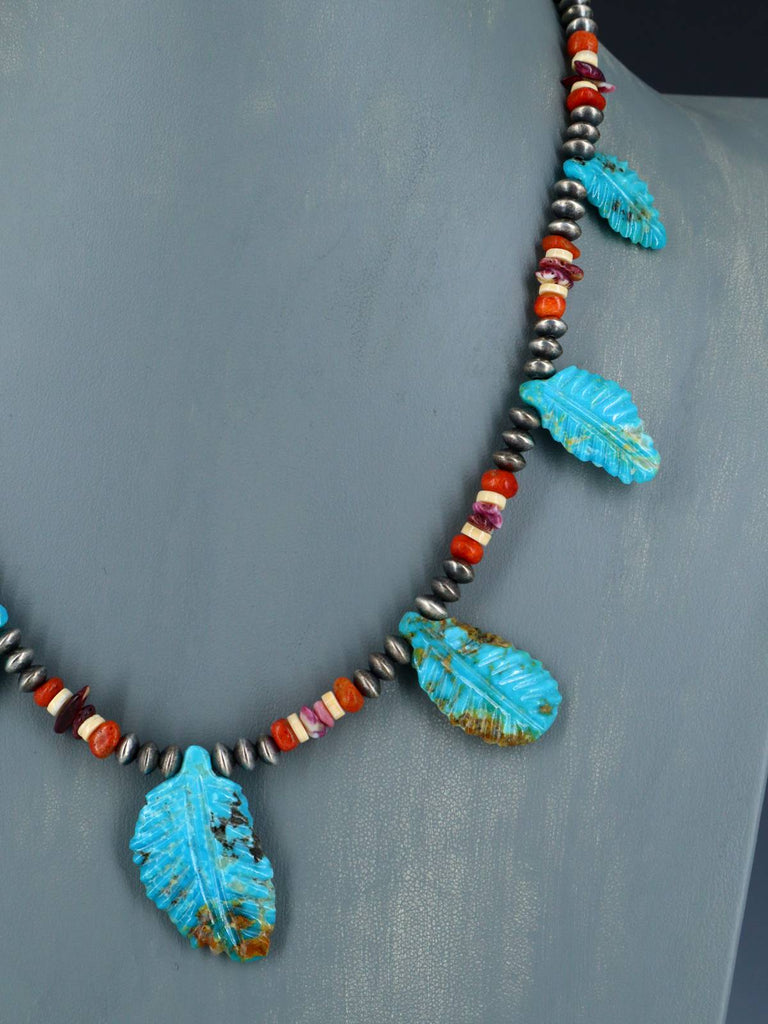 Native American Turquoise Carved Leaf Mosaic Single Strand Necklace - PuebloDirect.com