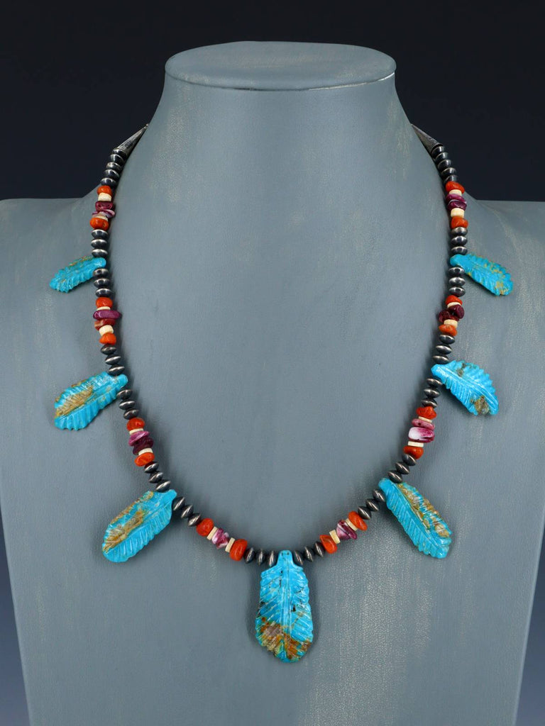 Native American Turquoise Carved Leaf Mosaic Single Strand Necklace - PuebloDirect.com