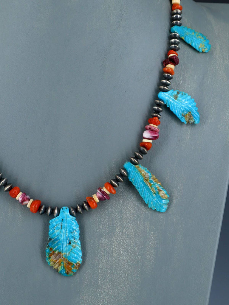 Native American Turquoise Carved Leaf Mosaic Single Strand Necklace - PuebloDirect.com