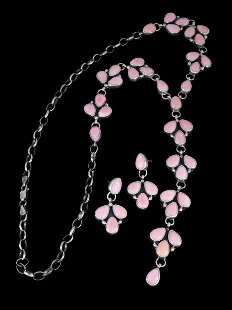 Native American Pink Conch Shell Lariat Necklace Set - PuebloDirect.com