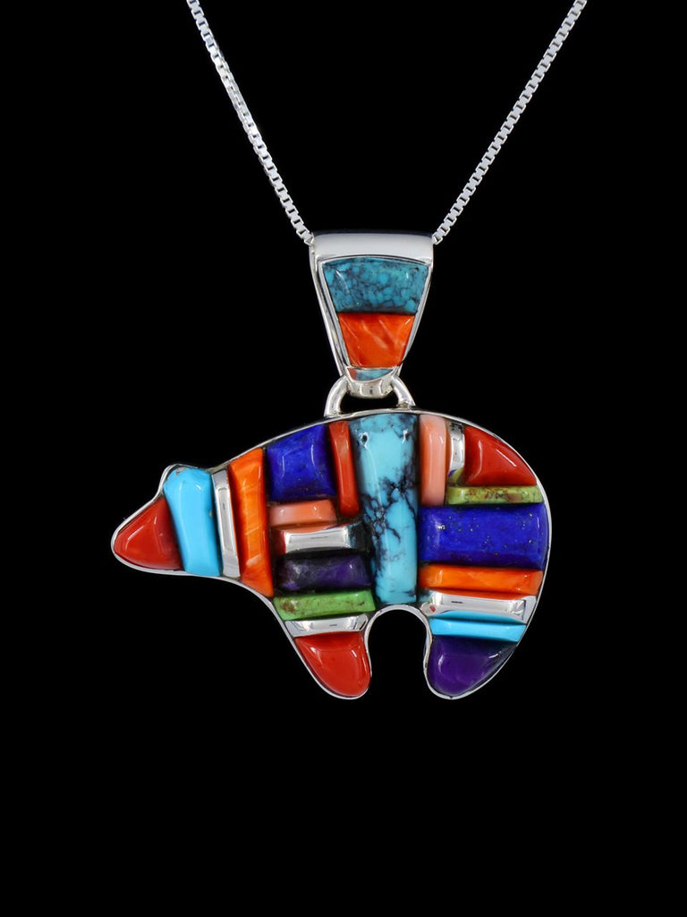 Native American Sterling Silver Multistone Cobblestone Inlay Bear Pendant - PuebloDirect.com