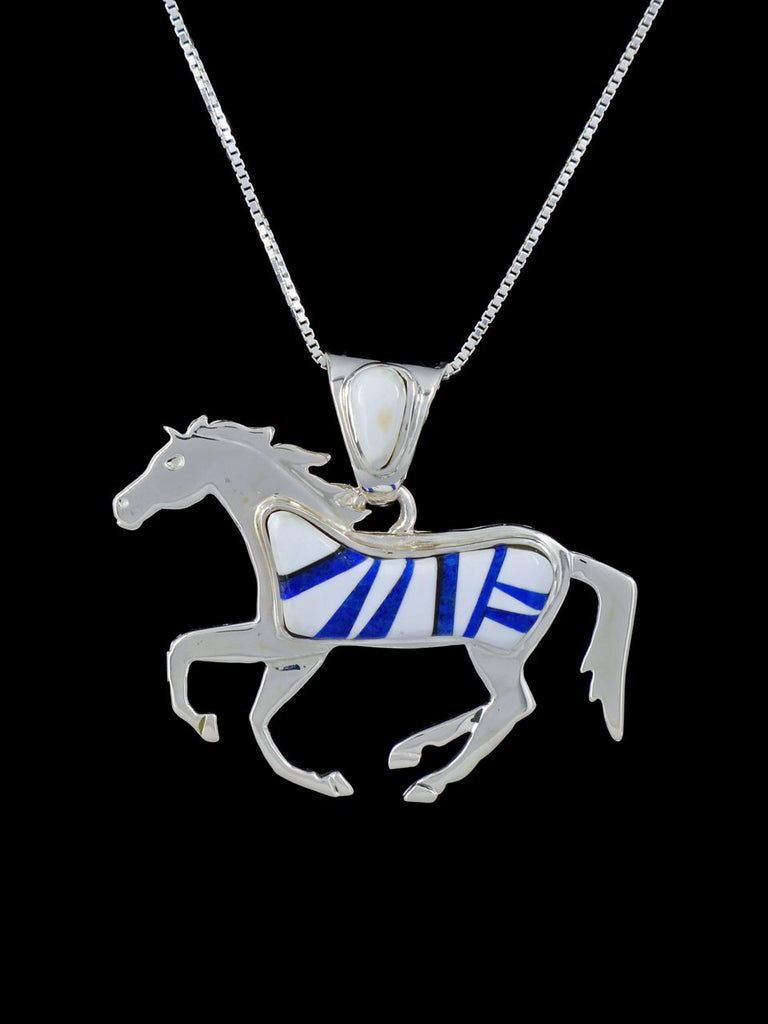 Native American Lapis and White Shell Inlay Reversible Horse Pendant - PuebloDirect.com