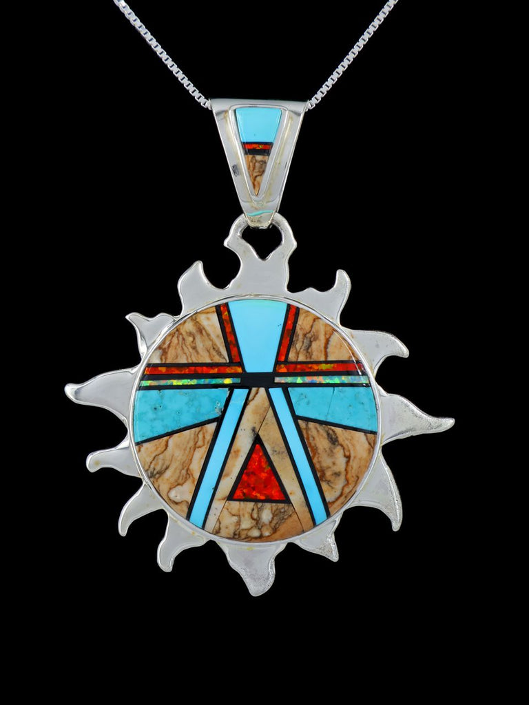 Navajo Inlay Turquoise and Jasper Sun Pendant - PuebloDirect.com