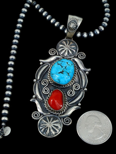 Native American Turquoise and Coral Pendant With Beaded Necklace - PuebloDirect.com