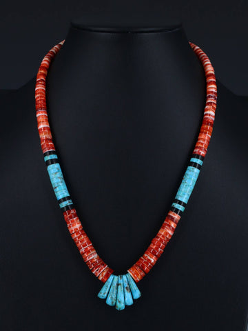 Red and Orange Coral, Deep Purple authentic Spiny Oyster and Southwest Turquoise Nuggets Necklace