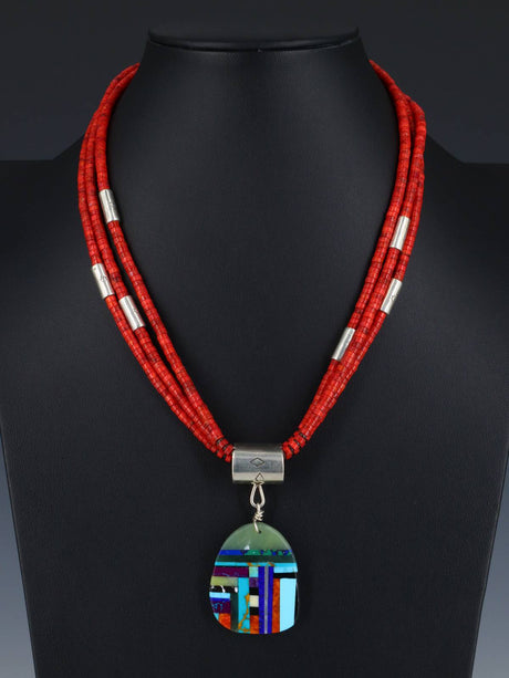 Native American Santo Domingo Apple Coral Mosaic Necklace - PuebloDirect.com