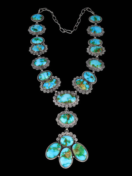 Native American Jewelry Sterling Silver Sonoran Gold Turquoise Lariat Necklace - PuebloDirect.com