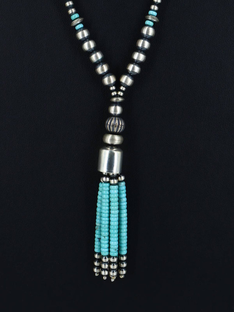 Native American Sterling Silver and Turquoise Beaded Lariat Necklace - PuebloDirect.com