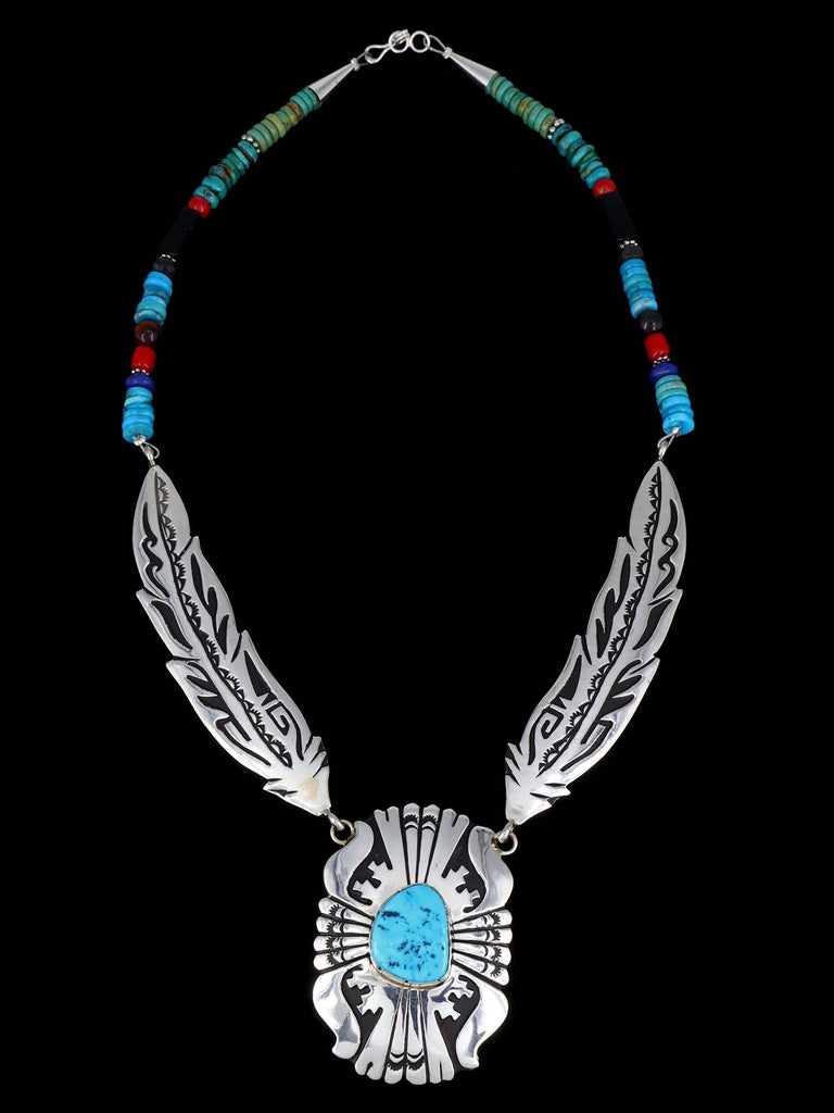 Navajo Turquoise Beaded Sterling Silver Feather Necklace - PuebloDirect.com