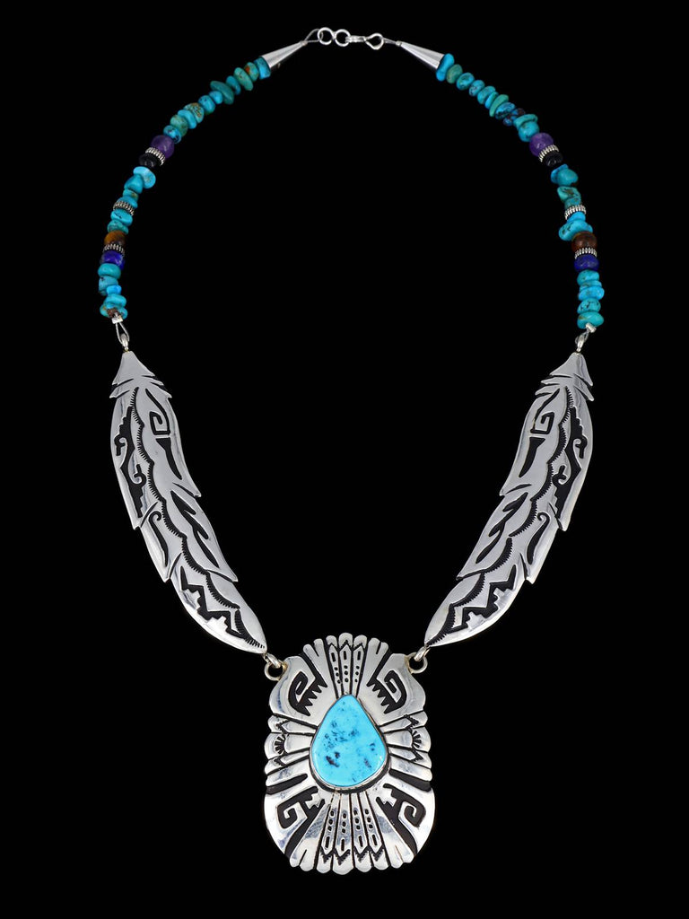 Navajo Turquoise Beaded Sterling Silver Feather Necklace - PuebloDirect.com