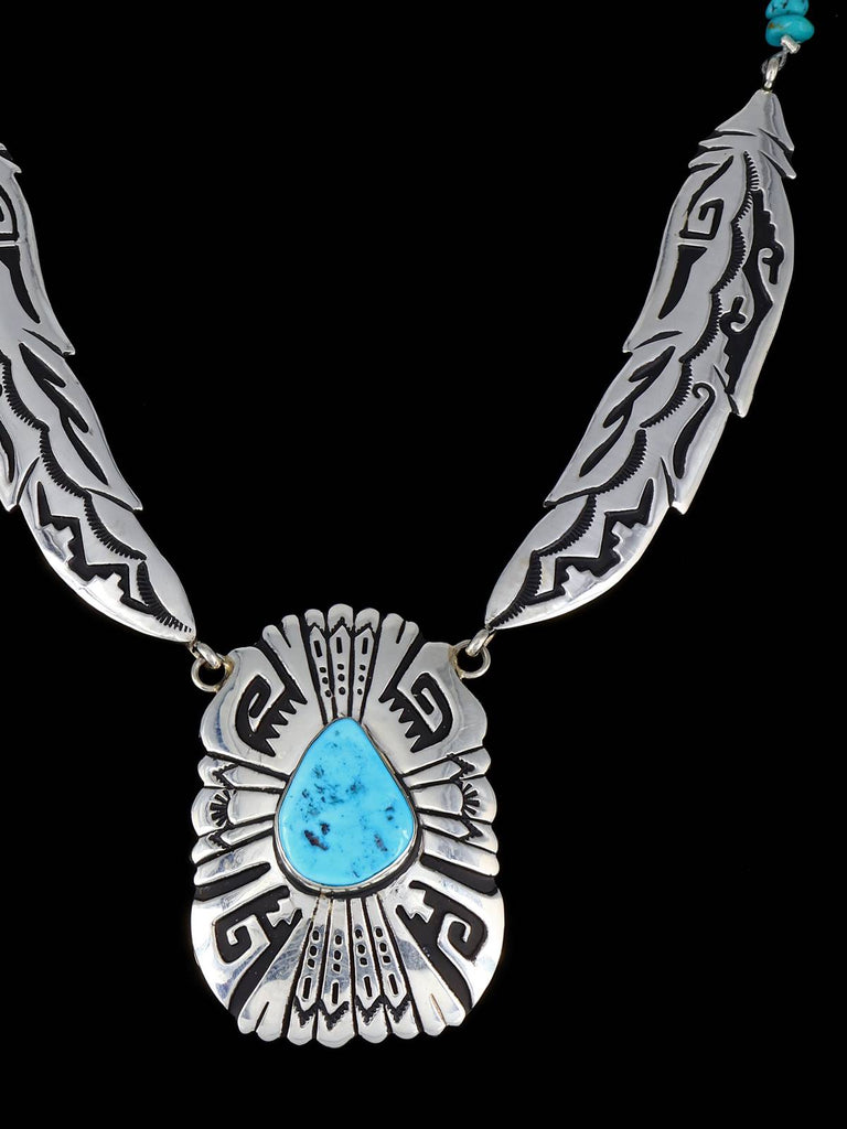 Navajo Turquoise Beaded Sterling Silver Feather Necklace - PuebloDirect.com