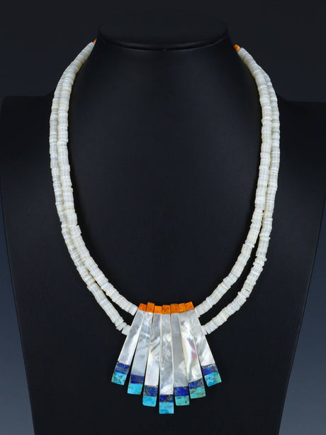 Native American Santo Domingo Mother of Pearl and Turquoise Mosaic Necklace - PuebloDirect.com