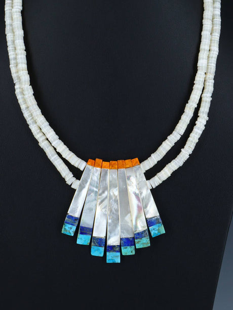 Native American Santo Domingo Mother of Pearl and Turquoise Mosaic Necklace - PuebloDirect.com