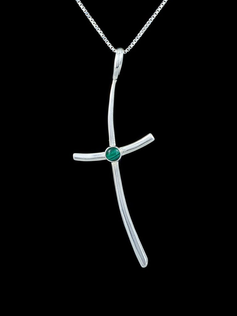 Native American Jewelry Sterling Silver Malachite Cross Pendant - PuebloDirect.com