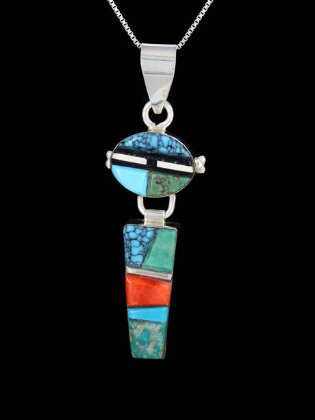 Navajo Sterling Silver Spiny Oyster and Turquoise Inlay Yei Pendant - PuebloDirect.com