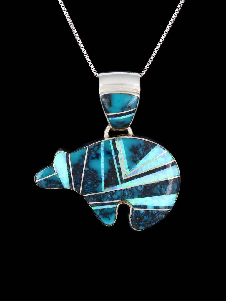 Estate Navajo Inlaid Turquoise Sterling Silver Bear Pendant - PuebloDirect.com