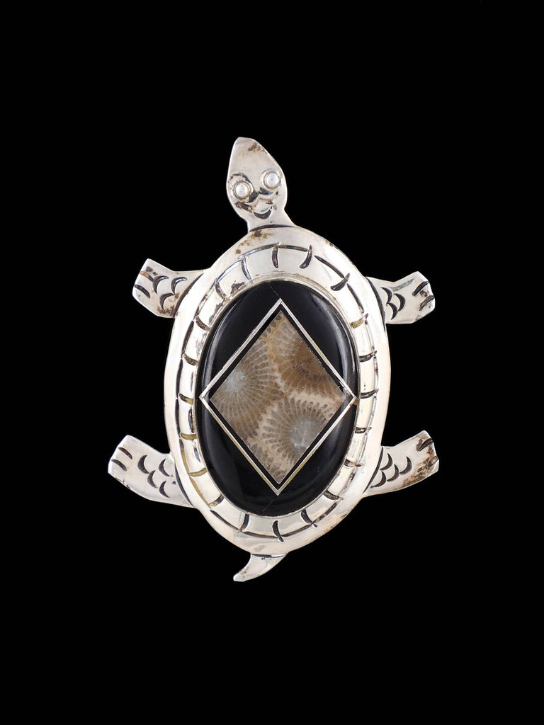 Estate Navajo Inlaid Petoskey Coral Sterling Silver Brooch - PuebloDirect.com