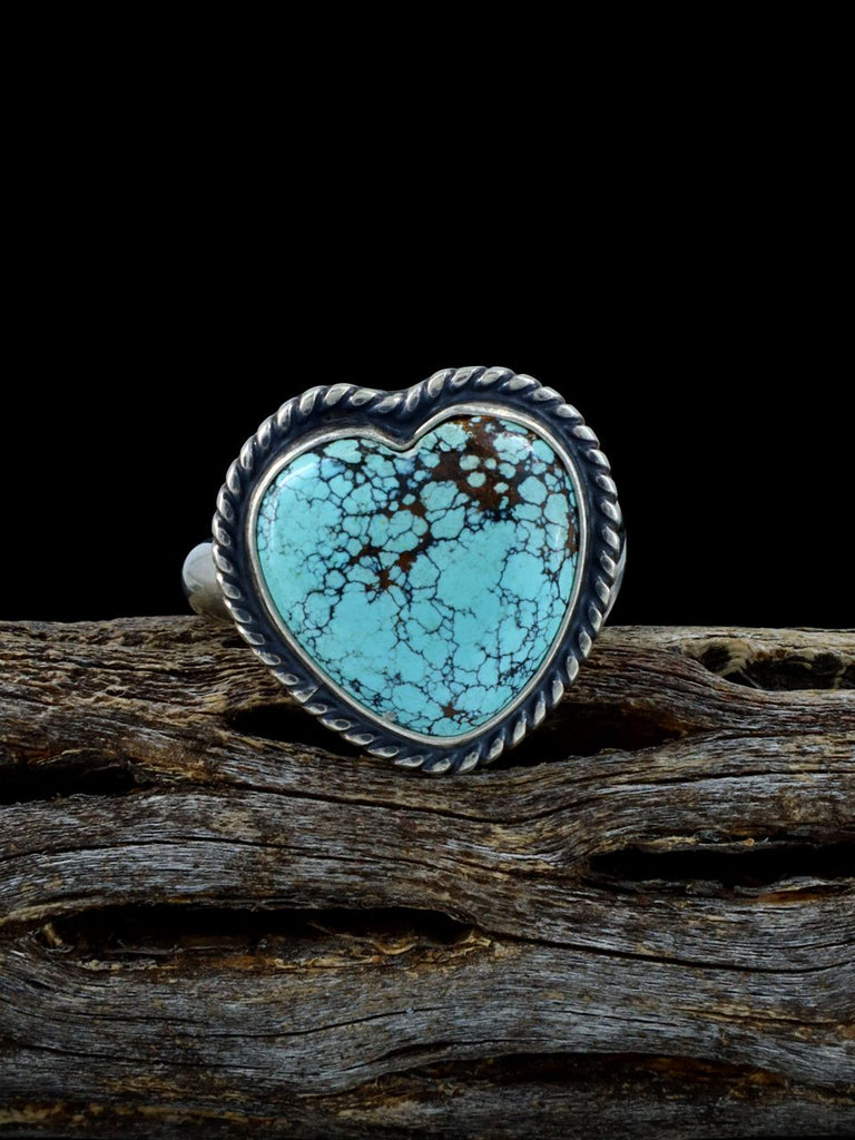Adjustable Cloud Mountain Turquoise Heart Ring, Size 9 1/2+ - PuebloDirect.com