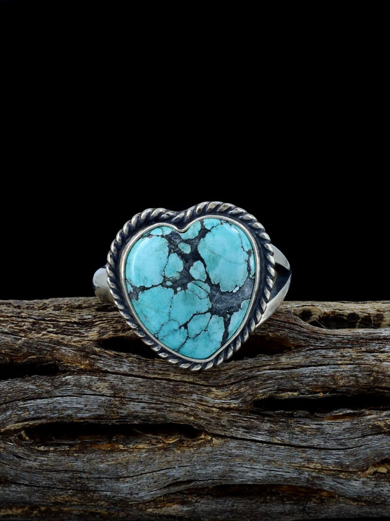 Adjustable Cloud Mountain Turquoise Heart Ring, Size 10 1/2+ - PuebloDirect.com