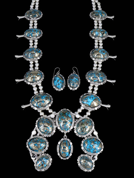 Native American Turquoise Sterling Silver Squash Blossom Necklace Set - PuebloDirect.com