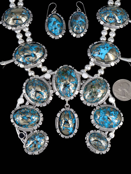 Native American Turquoise Sterling Silver Squash Blossom Necklace Set - PuebloDirect.com