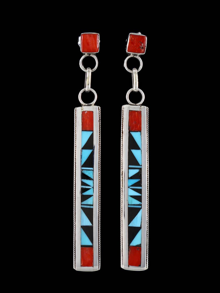 Sterling Silver Zuni Turquoise and Coral Inlay Post Earrings - PuebloDirect.com