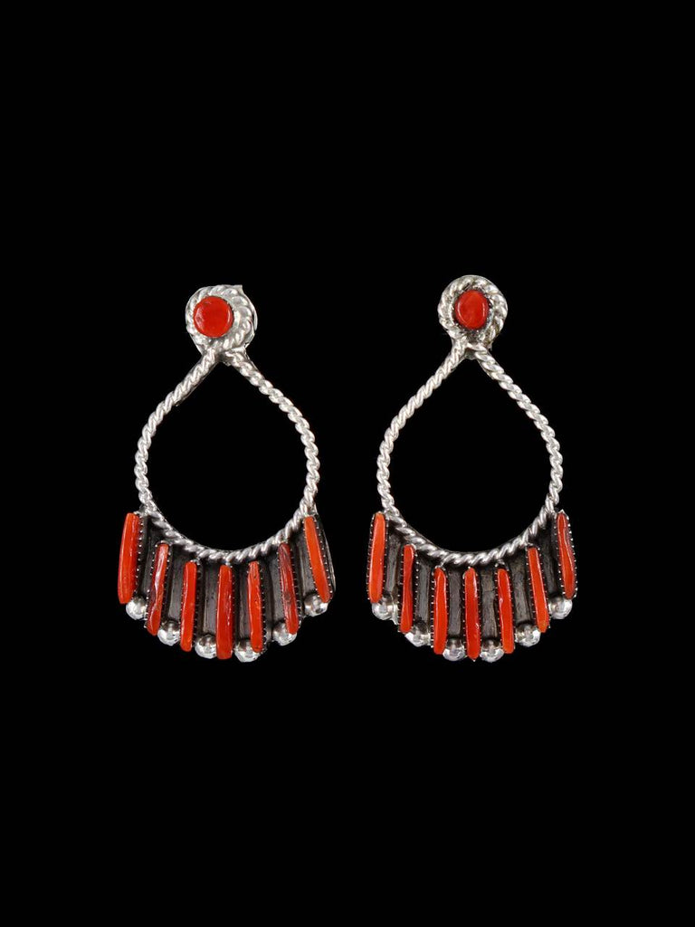 Sterling Silver Zuni Needlepoint Coral Post Earrings - PuebloDirect.com