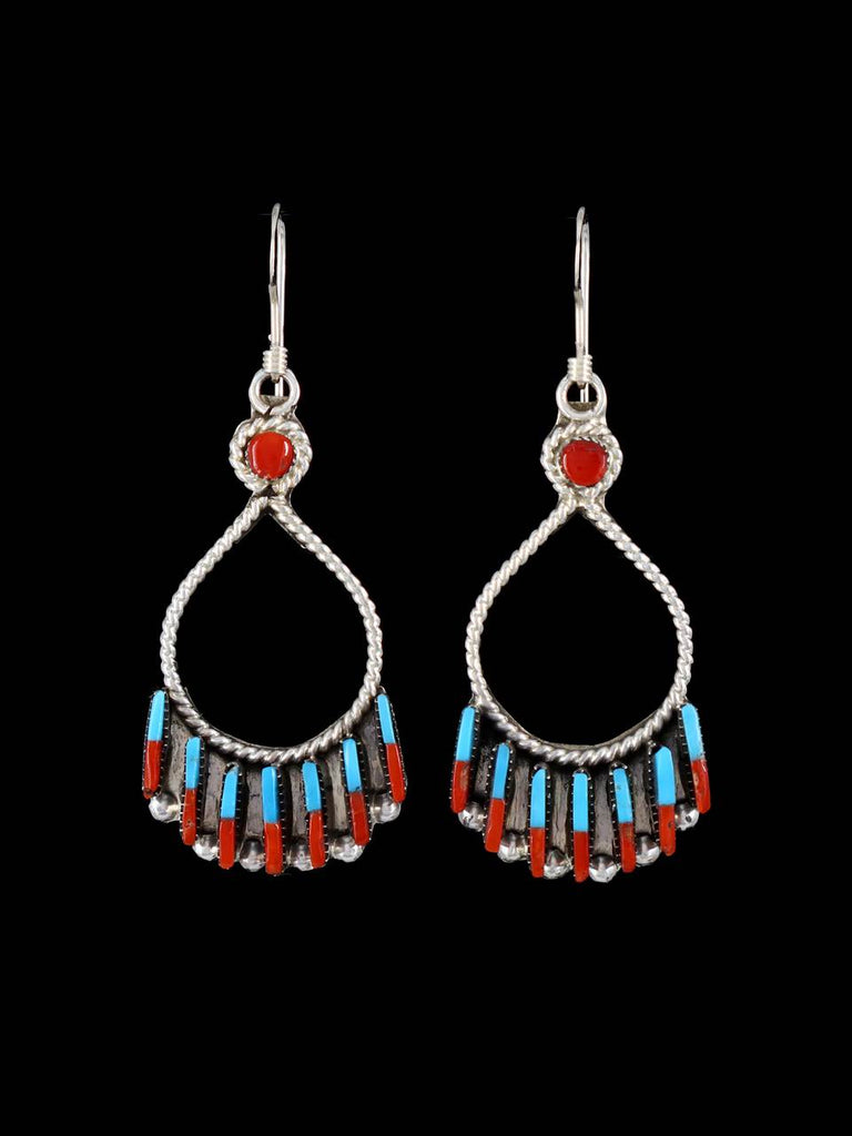 Sterling Silver Zuni Needlepoint Turquoise and Coral Dangle Earrings - PuebloDirect.com