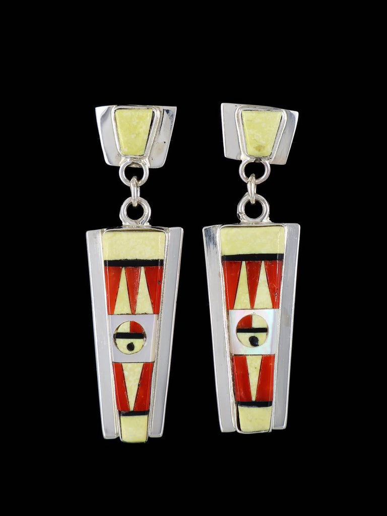 Sterling Silver Coral Zuni Inlay Sunface Post Earrings - PuebloDirect.com