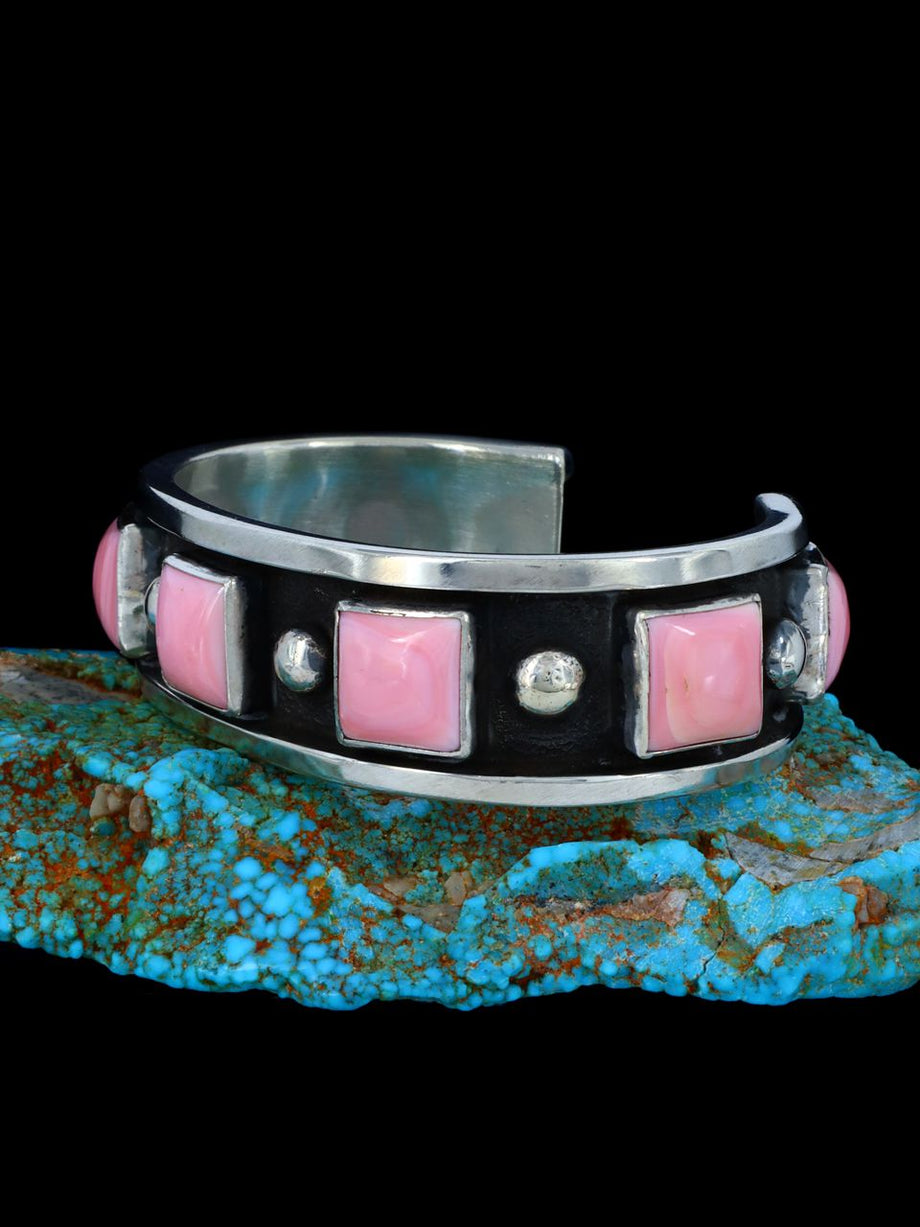 High quality Zuni Native American Signed A.A. Panteah sterling, pink coral, mop,smaller Cuff bracelet.