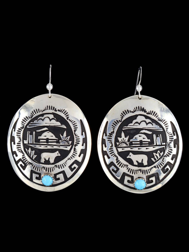 Navajo Turquoise Sterling Silver Overlay Storyteller Earrings - PuebloDirect.com