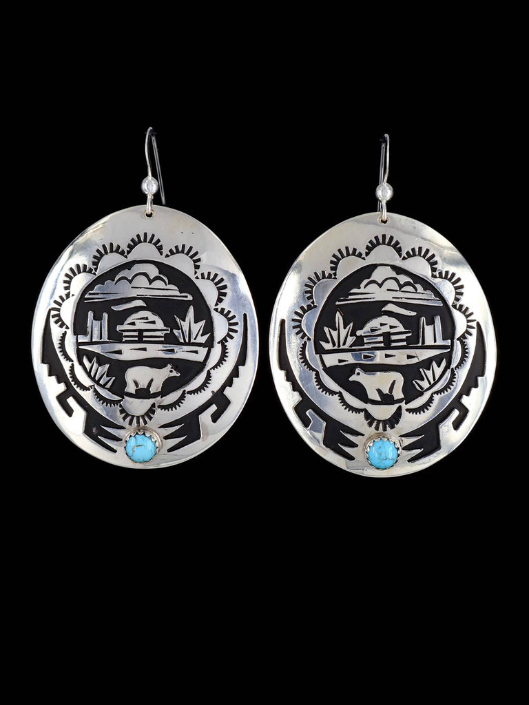 Navajo Turquoise Sterling Silver Overlay Storyteller Earrings - PuebloDirect.com