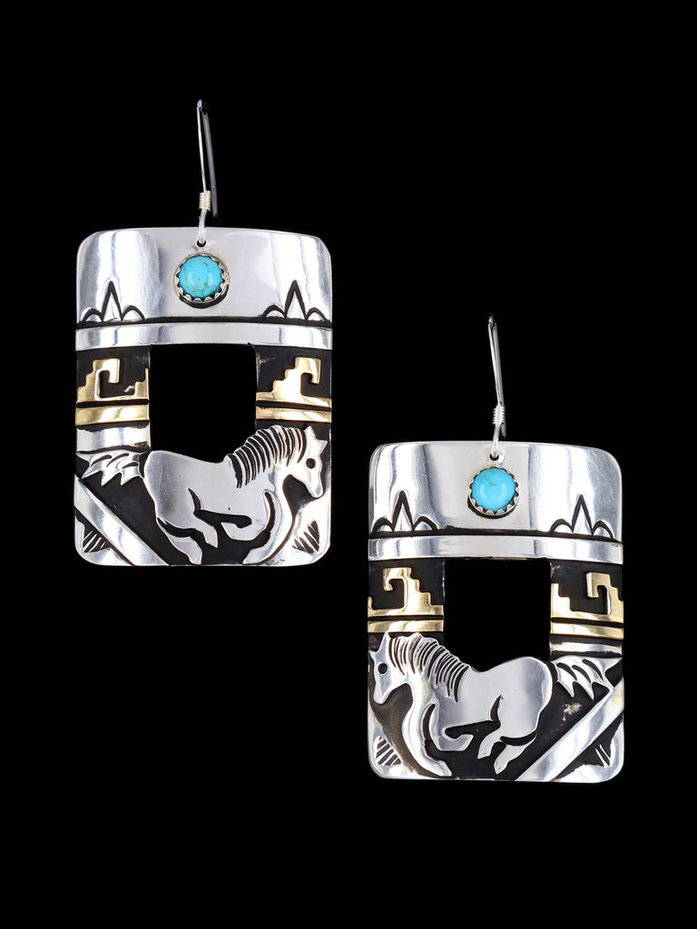 Navajo Etched Sterling Silver and Gold Dangle Overlay Earrings - PuebloDirect.com