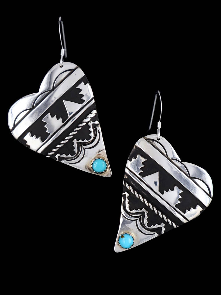 Navajo Sterling Silver Turquoise Heart Dangle Earrings - PuebloDirect.com