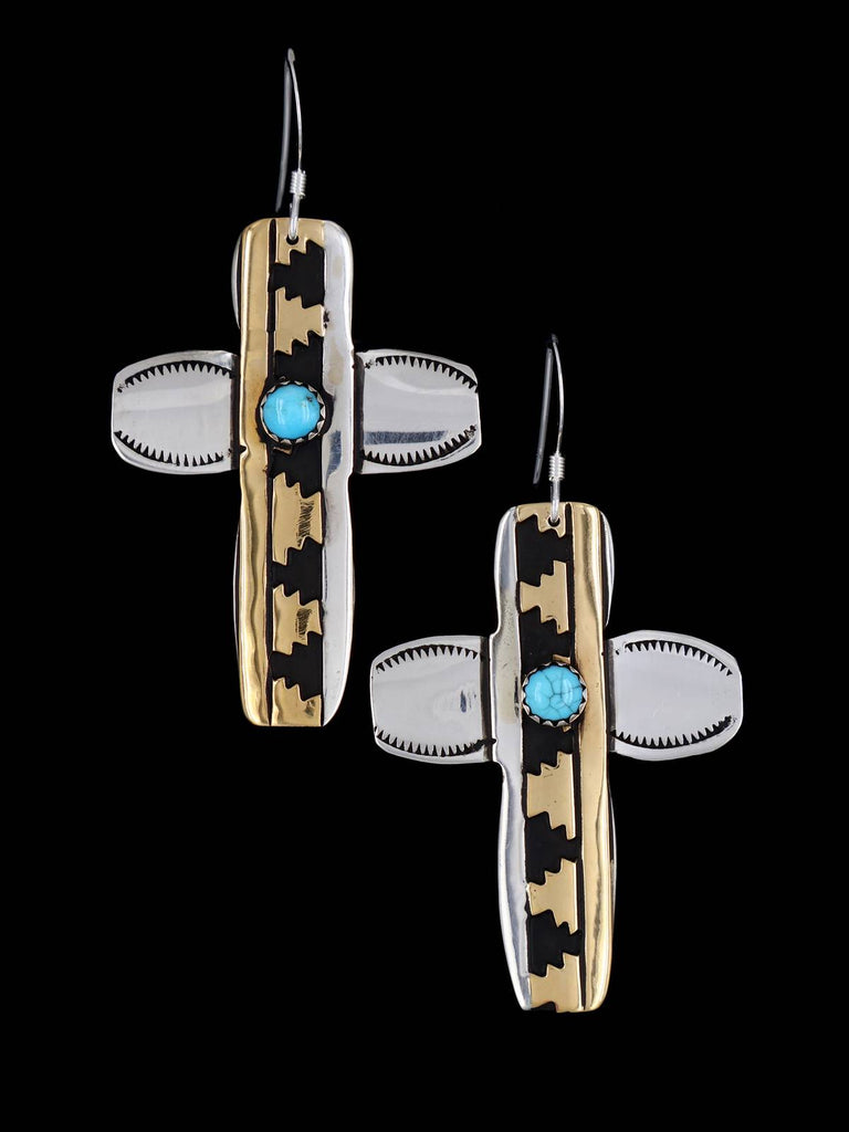 Navajo Overlay Sterling Silver and Gold Cross Dangle Earrings - PuebloDirect.com