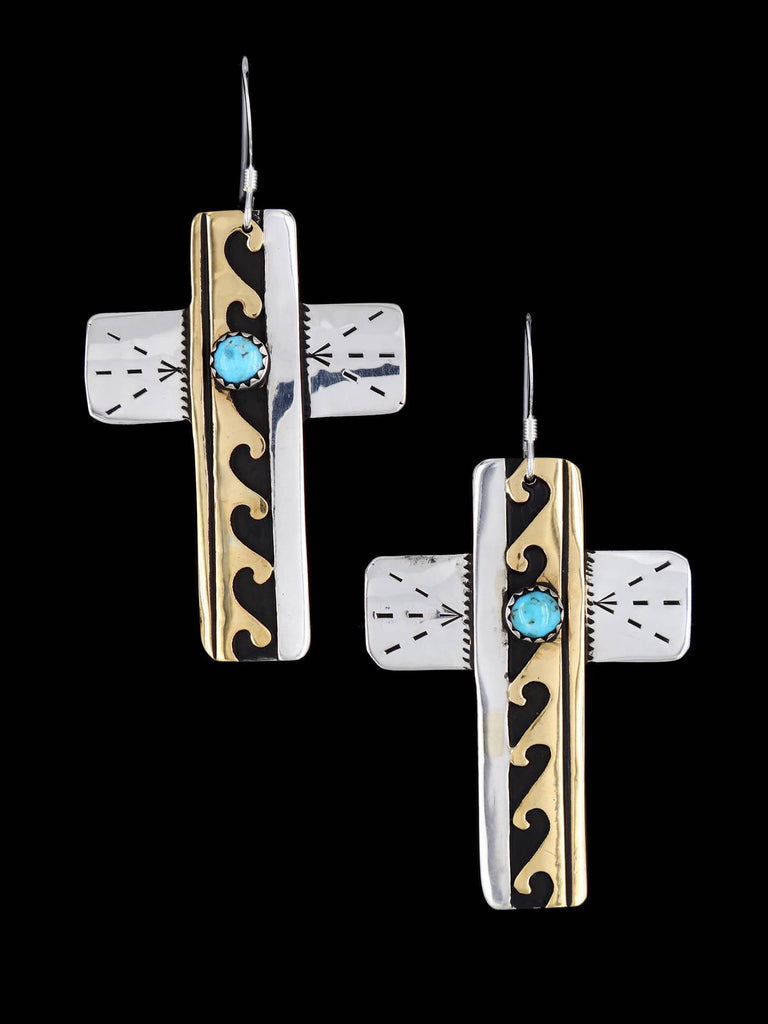 Navajo Overlay Sterling Silver and Gold Cross Dangle Earrings - PuebloDirect.com